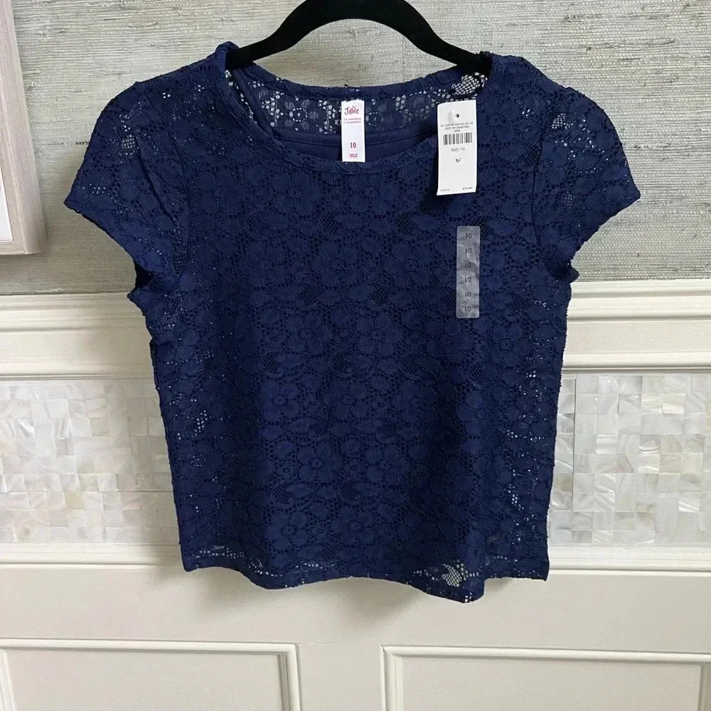 NWT new justice navy blue girls lace short sleeve top with attached cami 10